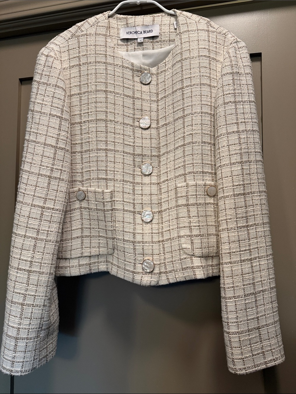 Veronica Beard Ivory Tweed Cropped Blazer with Pearl Buttons
